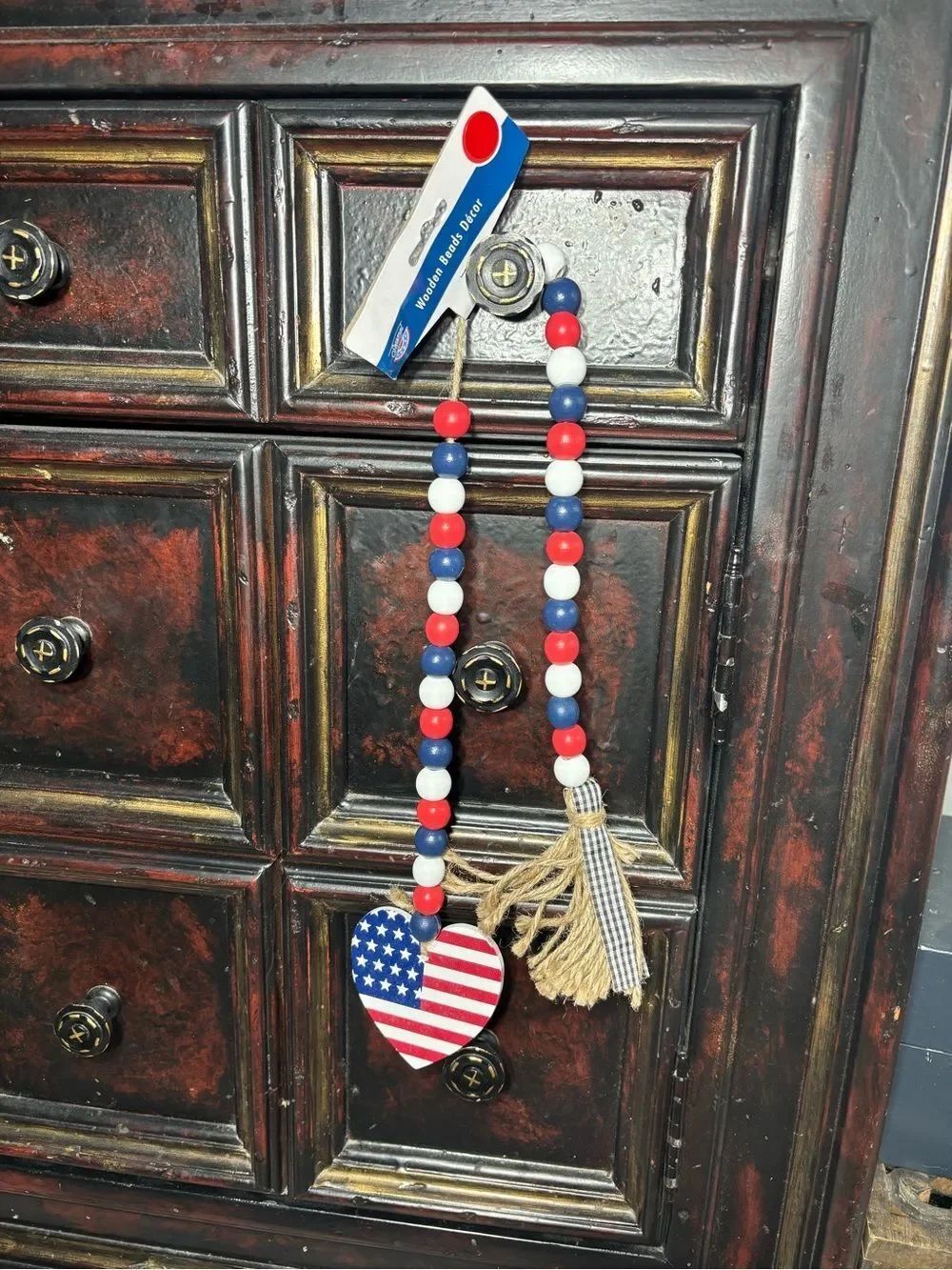 New Wooden Beaded Garland Patriotic Red, White & Blue Beaded Heart Garland -